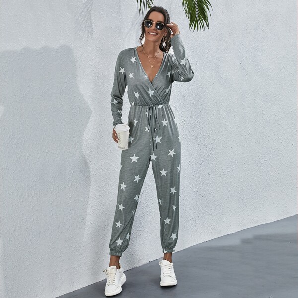

Star Print Surplice Tie Front Jumpsuit, Grey