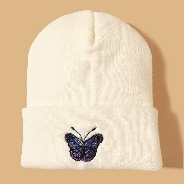

Butterfly Embroidery Beanie, White