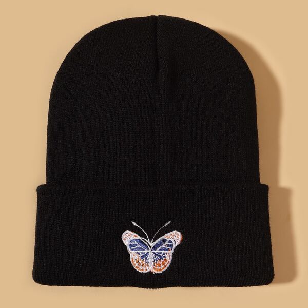 

Butterfly Embroidery Beanie, Black