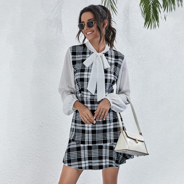 

Plaid Tie Neck A-line Dress, Black and white
