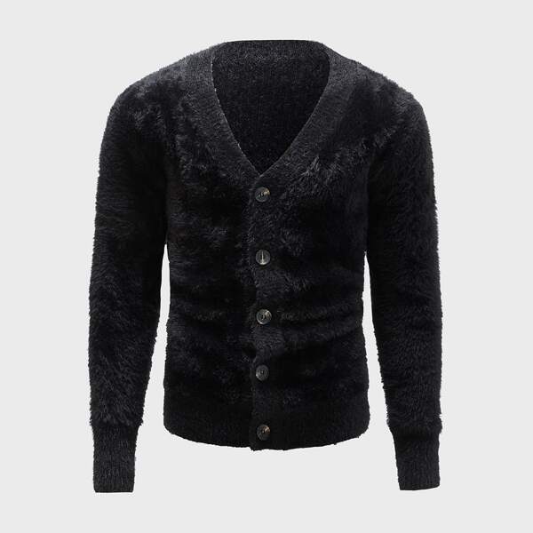 

Men Solid Button Up Fuzzy Cardigan, Black