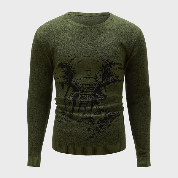 

Men Elephant Pattern Crew Neck Sweater, Army green