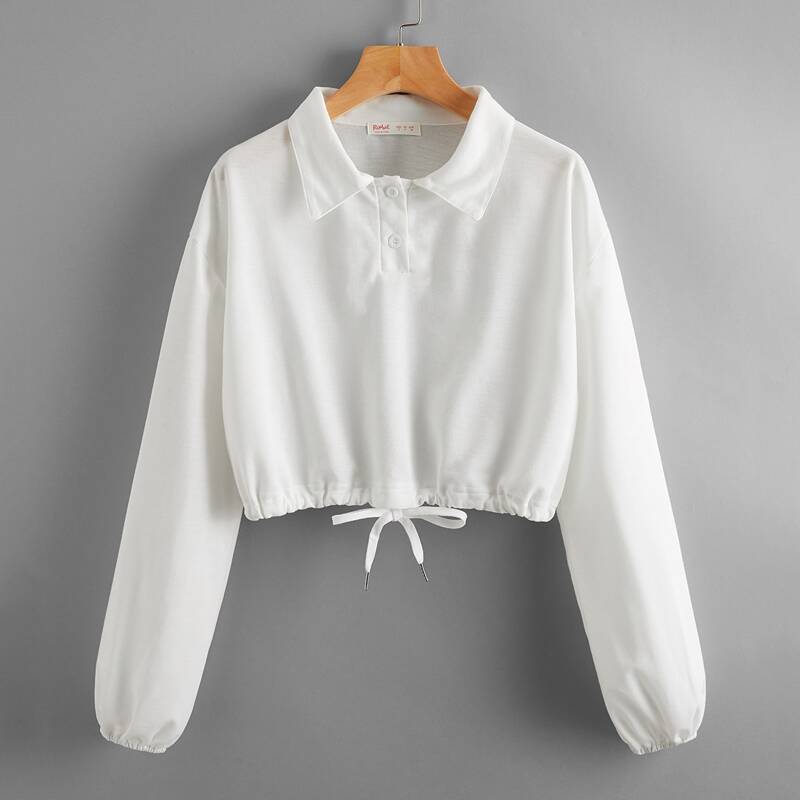 

Solid Drawstring Polo Sweatshirt, White