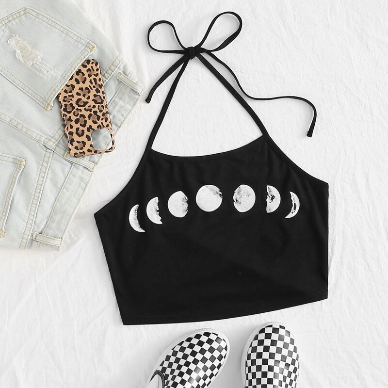 

Moon Graphic Crop Halter Top, Black