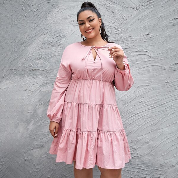 

Plus Tie Neck Button Front Drop Shoulder Tiered Dress, Pastel baby pink