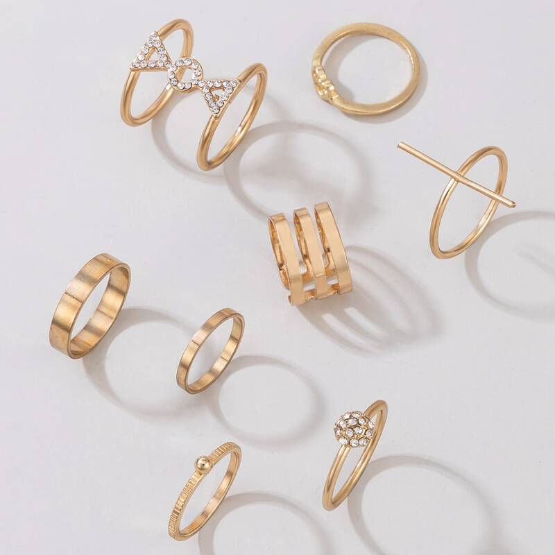 

8pcs Rhinestone Decor Ring, Gold