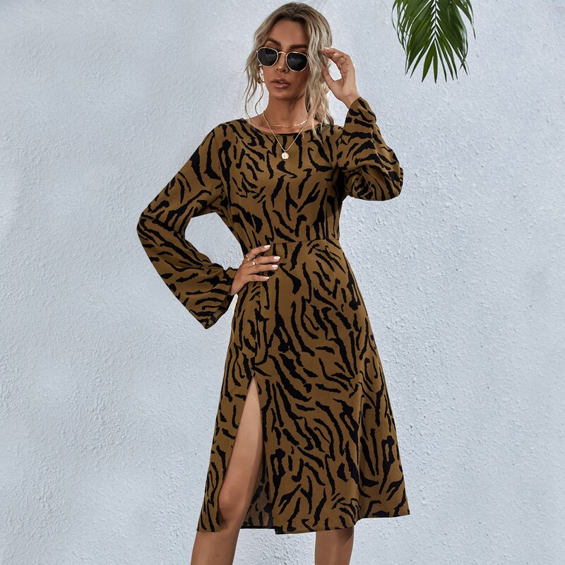 

Bell Sleeve Split Thigh Dress, Mocha brown