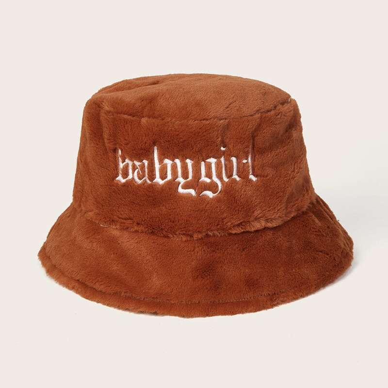 

Letter Embroidered Fluffy Bucket Hat, Brown