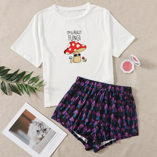 

Slogan & Cartoon Graphic PJ Set, Multicolor
