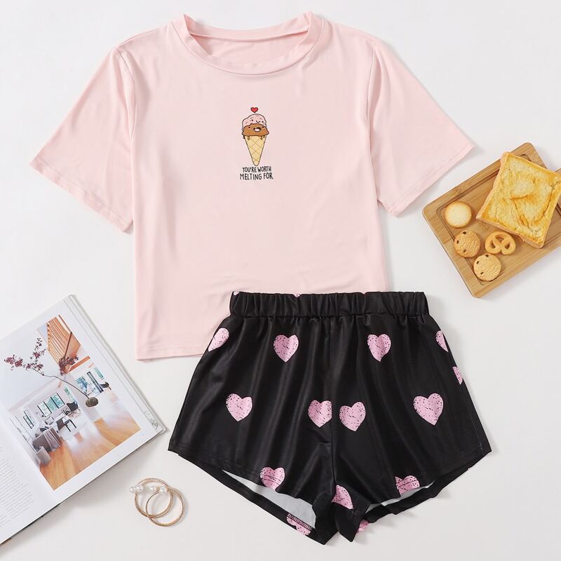 

Slogan & Cartoon Graphic PJ Set, Multicolor
