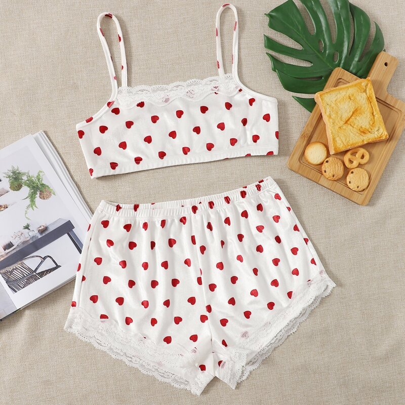 

Contrast Lace Heart Print Cami Pajama Set, White