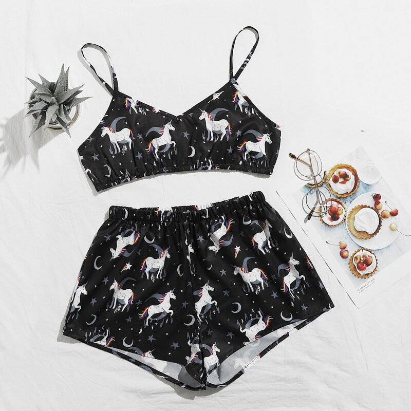 

Unicorn And Galaxy Print Cami Pajama Set, Black