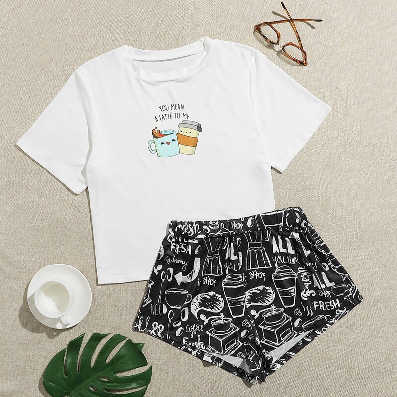 

Cartoon And Slogan Graphic Pajama Set, Black and white