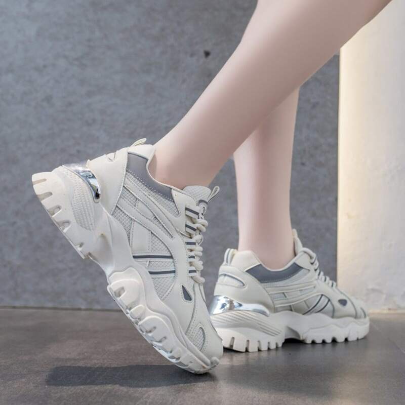 

Mesh Panel Lace-up Front Chunky Shoes, Beige
