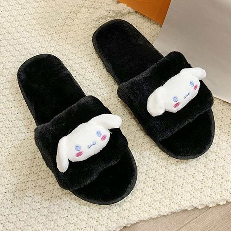 

Cartoon Rabbit Decor Fluffy Slippers, Black