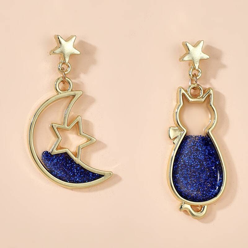 

Cat & Star Shaped Drop Earrings, Blue