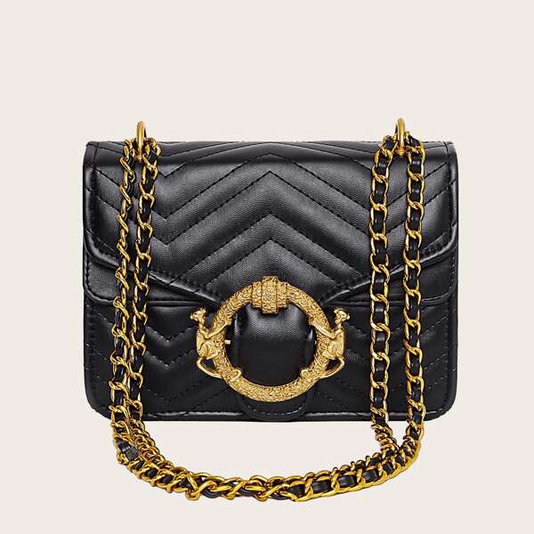 

Monkey Decor Chevron Flap Shoulder Bag, Black