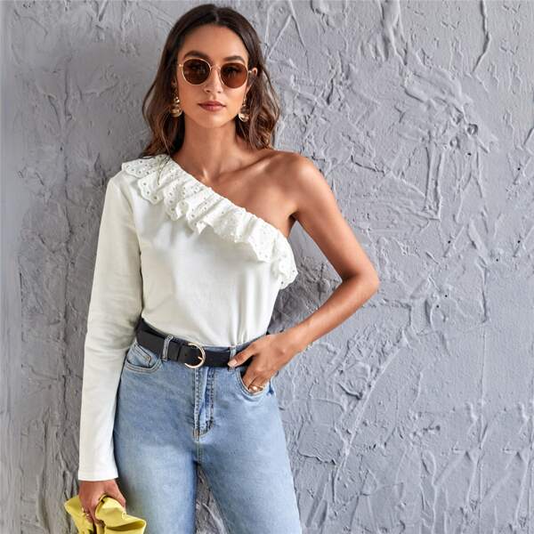 

One Shoulder Eyelet Embroidered Ruffle Trim Top, White
