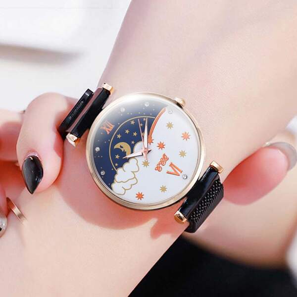 

Rhinestone Decor Mesh Strap Round Pointer Quartz Watch