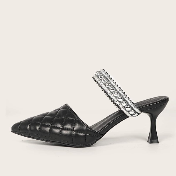 

Beaded Decor Quilted Heeled Mules, Black