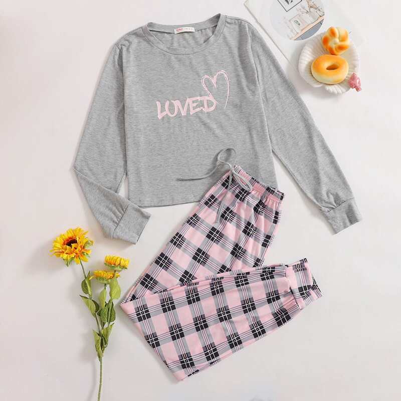 

Letter Graphic Tee & Plaid Pants PJ Set, Multicolor