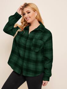 SHEIN LUNE Camisa con botón con bolsillo delantero de cuadros - Verde Oscuro - Ver 1