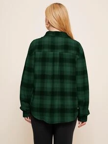 SHEIN LUNE Camisa con botón con bolsillo delantero de cuadros - Verde Oscuro - Ver 2
