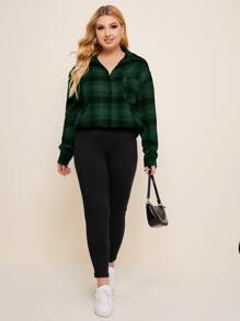 SHEIN LUNE Camisa con botón con bolsillo delantero de cuadros - Verde Oscuro - Ver 3