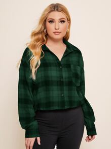 SHEIN LUNE Camisa con botón con bolsillo delantero de cuadros - Verde Oscuro - Ver 4