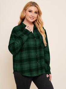 SHEIN LUNE Camisa con botón con bolsillo delantero de cuadros - Verde Oscuro - Ver 5