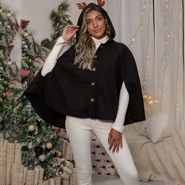 

Button Front 3D Antlers Hooded Cape, Black