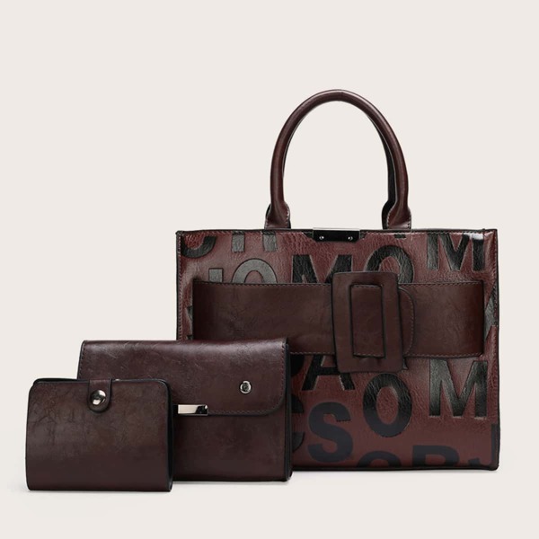

3pcs Letter Graphic Satchel Bag Set, Coffee brown