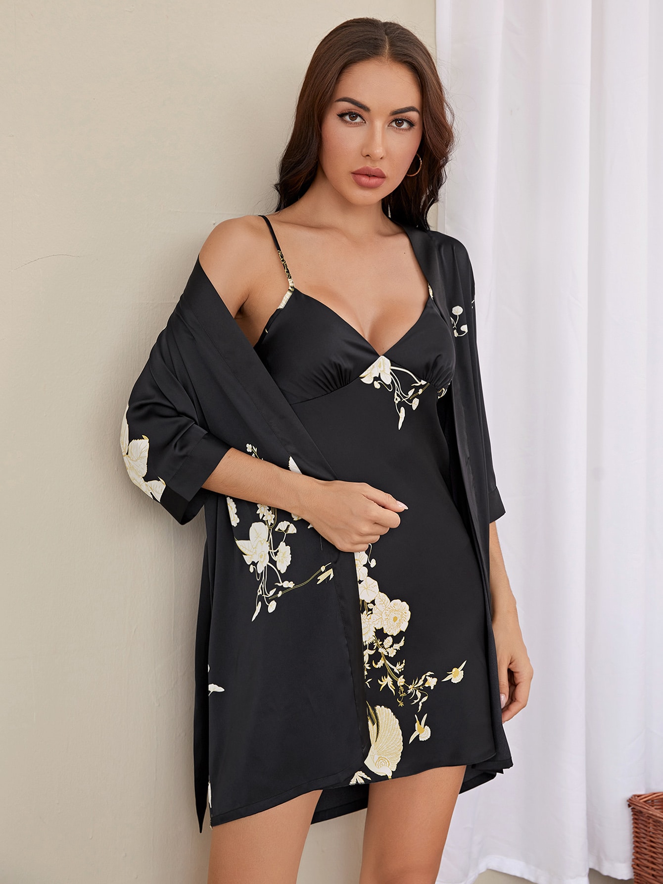 2 Pack Floral Print Satin Cami Night Dress & Belted Robe Set thumbnail