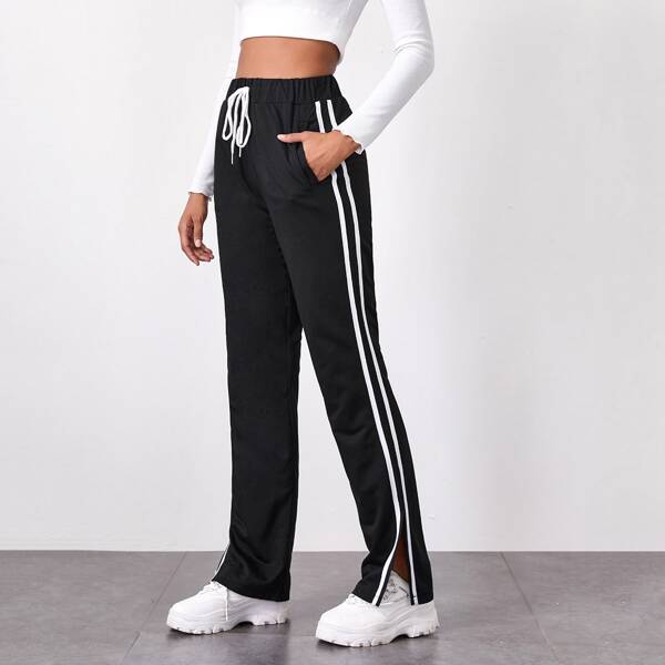 

Drawstring Waist Side Striped Pants, Black