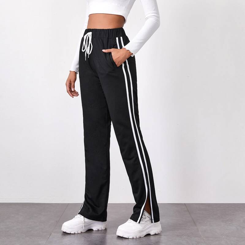 

Drawstring Waist Side Striped Pants, Black