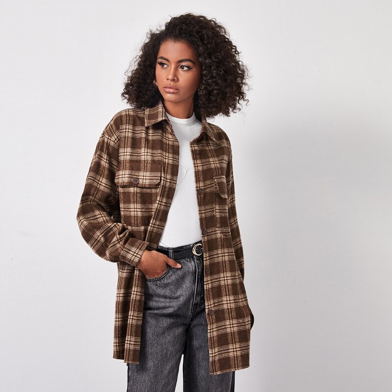 

Drop Shoulder Buttoned Plaid Longline Blouse, Chocolate brown