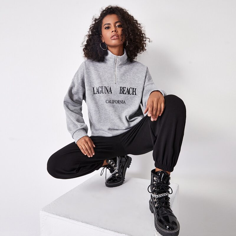 

Letter Graphic Zip Half Placket Pullover, Light grey