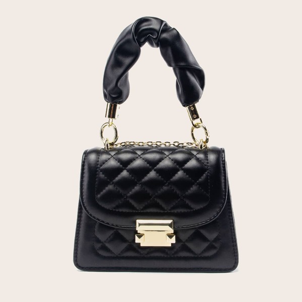 

Quilted Metal Lock Flap Satchel Bag, Black