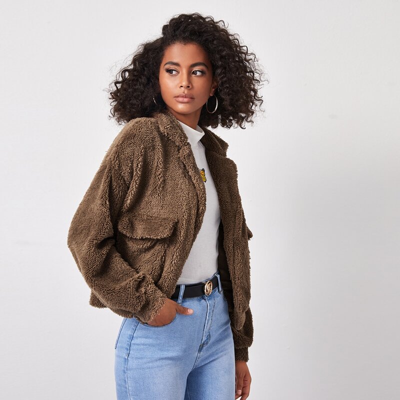 

Flap Pocket Drop Shoulder Teddy Jacket, Mocha brown