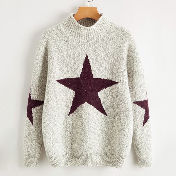 

Drop Shoulder Star Pattern Sweater, Beige
