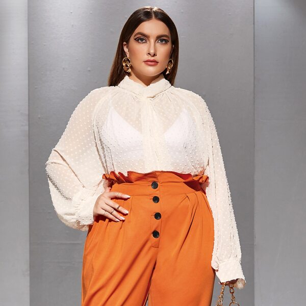 

Plus Swiss Dot Button Front Blouse, Beige