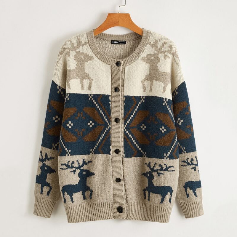 

Drop Shoulder Elk Pattern Cardigan, Multicolor