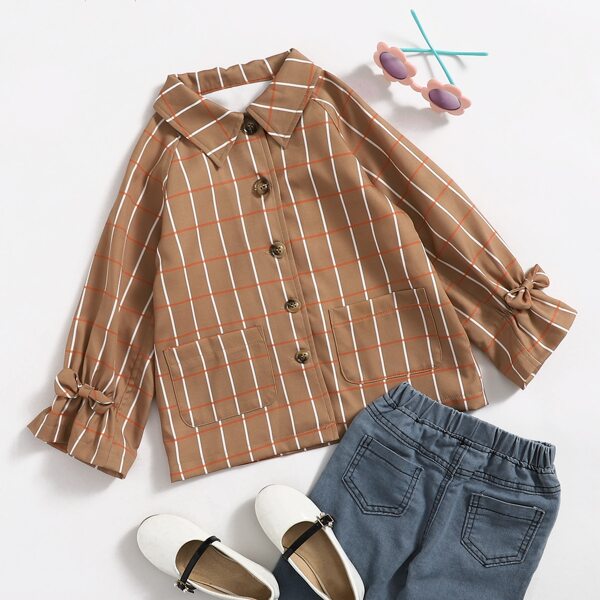 

Toddler Girls Plaid Print Bow Cuff Coat, Brown