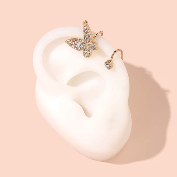 

Rhinestone Decor Butterfly Design Ear Cuff, Gold