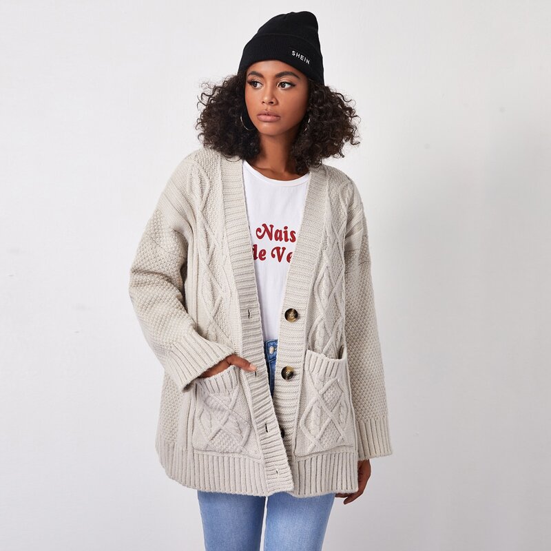

Drop Shoulder Double Pocket Cardigan, Beige