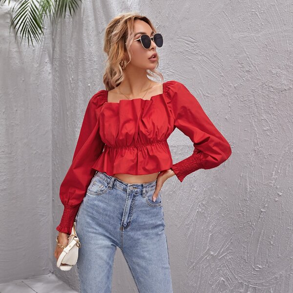 

Shirred Cuff Solid Peplum Top, Red