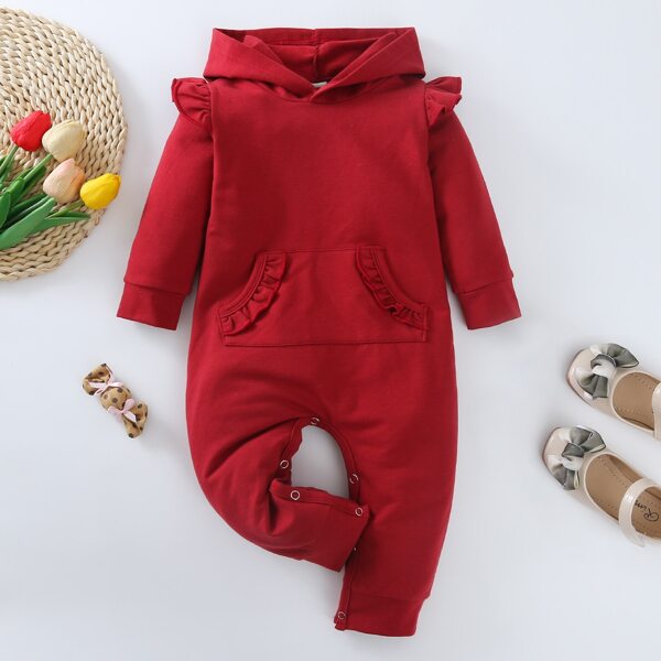 

Baby Girl Ruffle Trim Hooded Jumpsuit, Burgundy