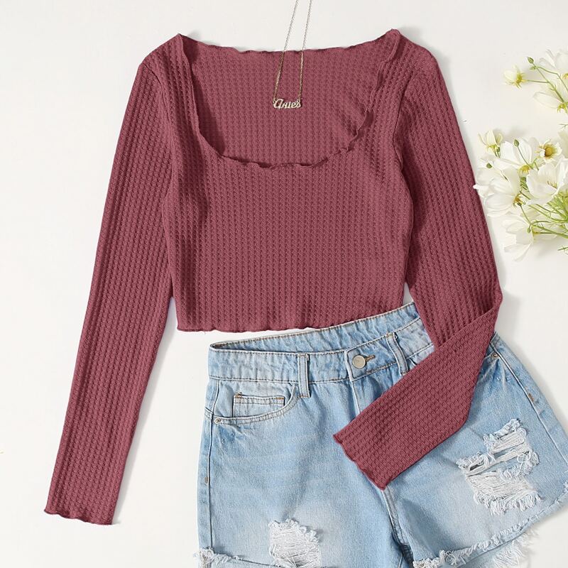 

Scoop Neck Lettuce Trim Waffle Knit Top, Redwood