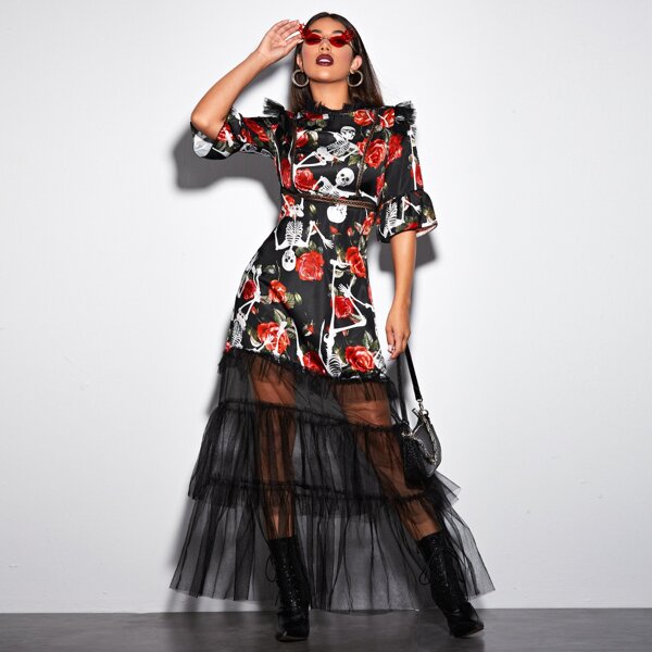 

Skeleton & Floral Print Layered Mesh Hem Dress, Multicolor