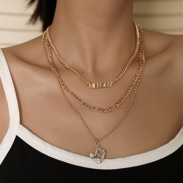 

Rhinestone & Letter Decor Layered Necklace, Gold